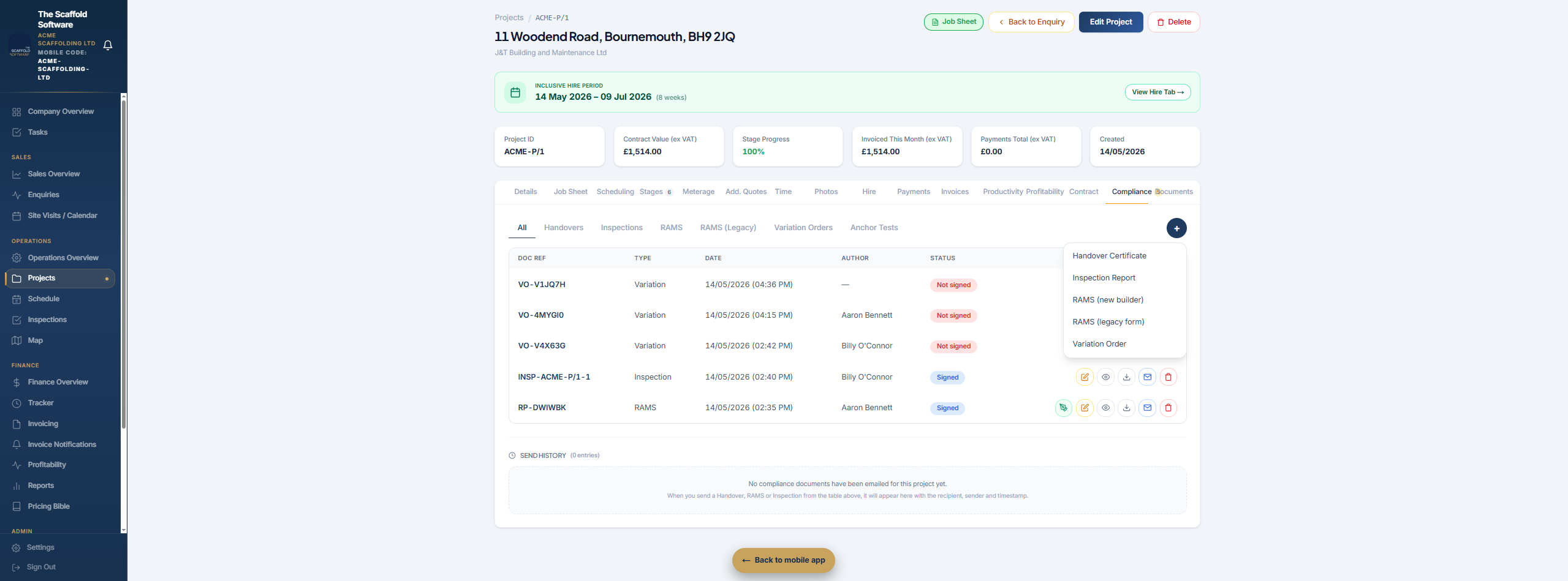 Project compliance documents — inspections, handovers and RAMS, signed and filed