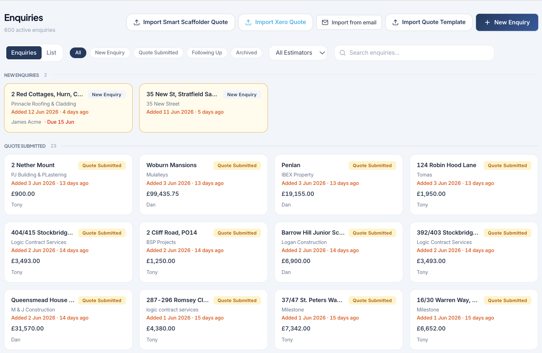 Scaffolding enquiry pipeline — new, quote submitted, following up and won