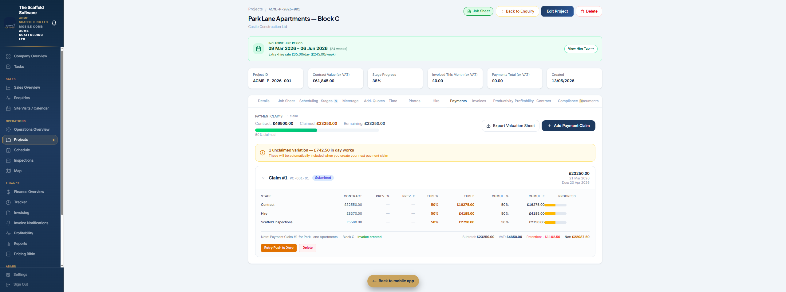 Payment claim — staged percentages with cumulative and this-period valuation roll-up for the QS