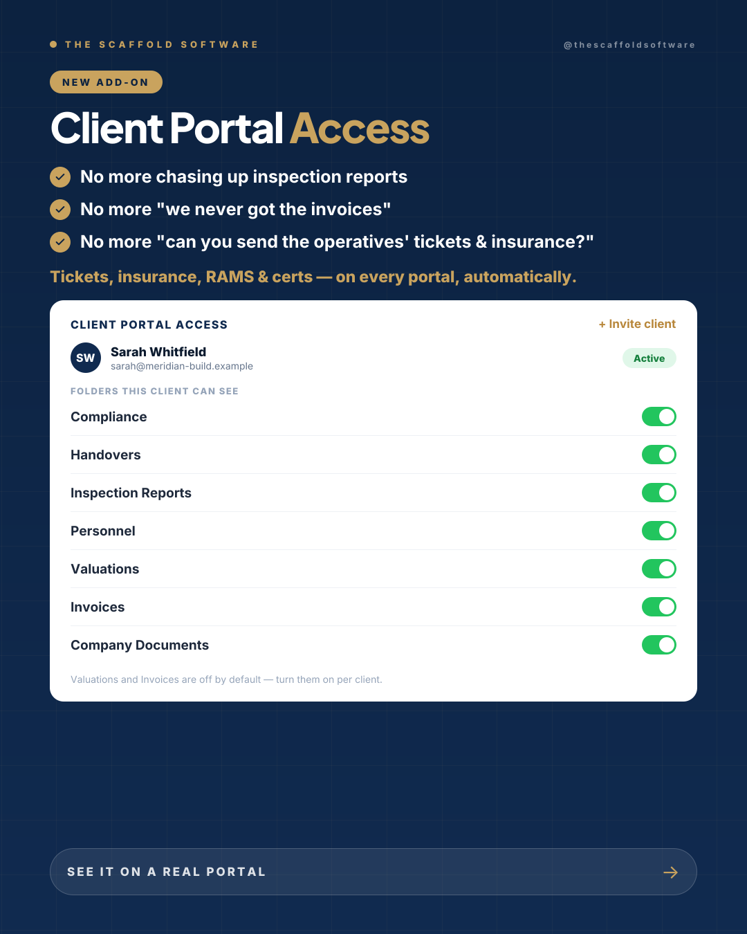 Office invites a client and toggles which folders that client can see in the portal
