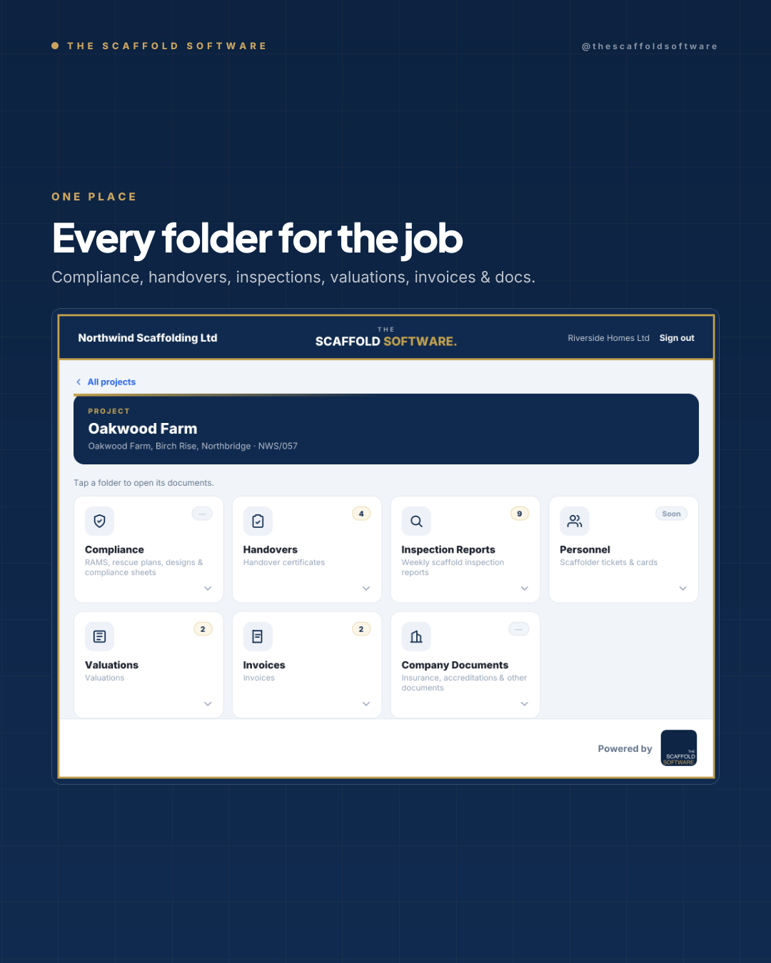Every folder for the job — compliance, handovers, inspection reports, valuations, invoices and company documents