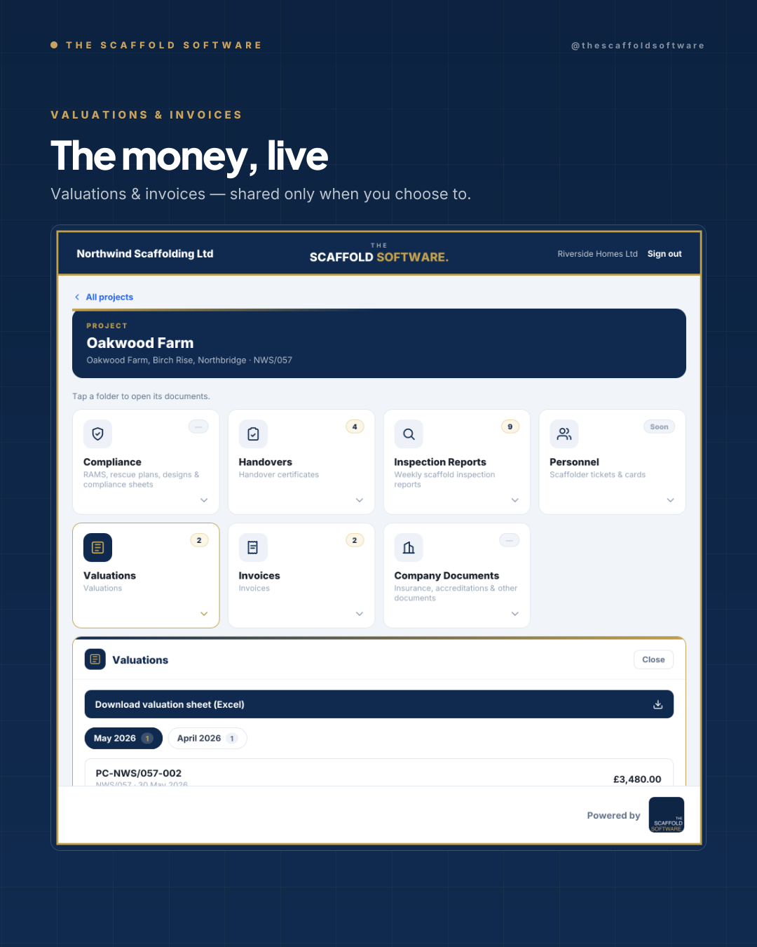Valuations and invoices in the portal — shared with the client only when you choose to