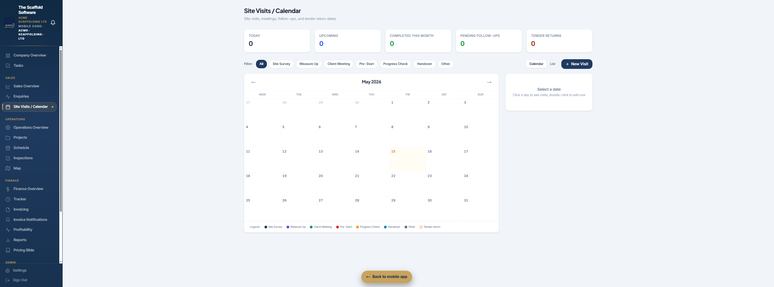 Site visit calendar — booked surveys and visits across the team diary